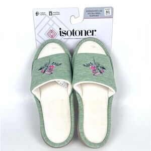 Isotoner Slippers Women's SZ 8.5-9 open toe slides Green pink Floral embroidered